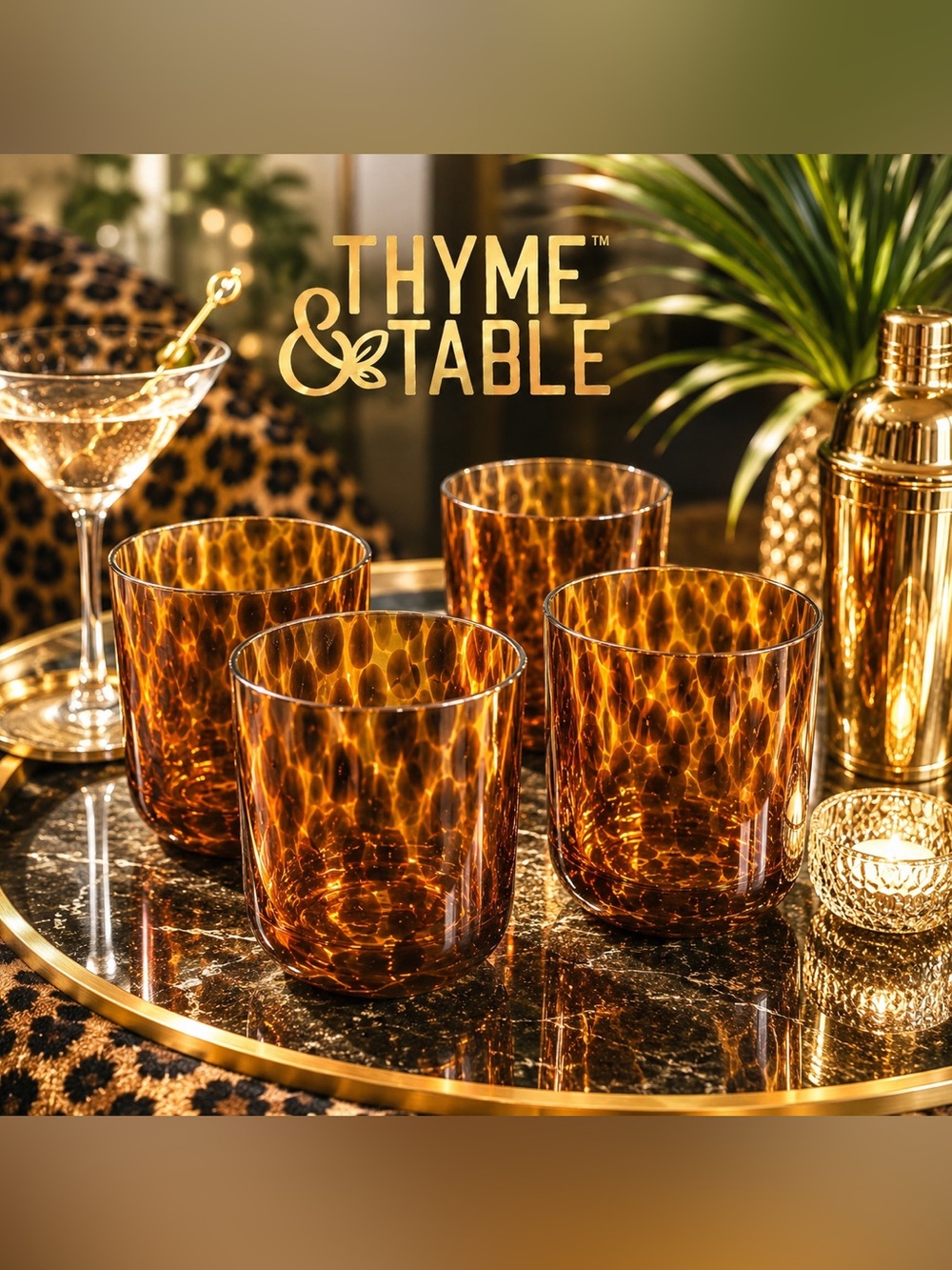 THYME & TABLE Tortoise Shell Glass Set – Set of 4 – New in Box